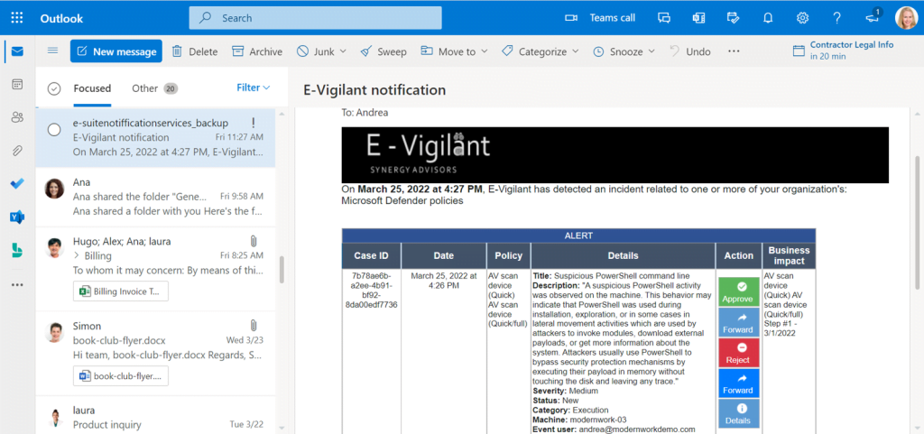 Security incidents notifications via e-mail